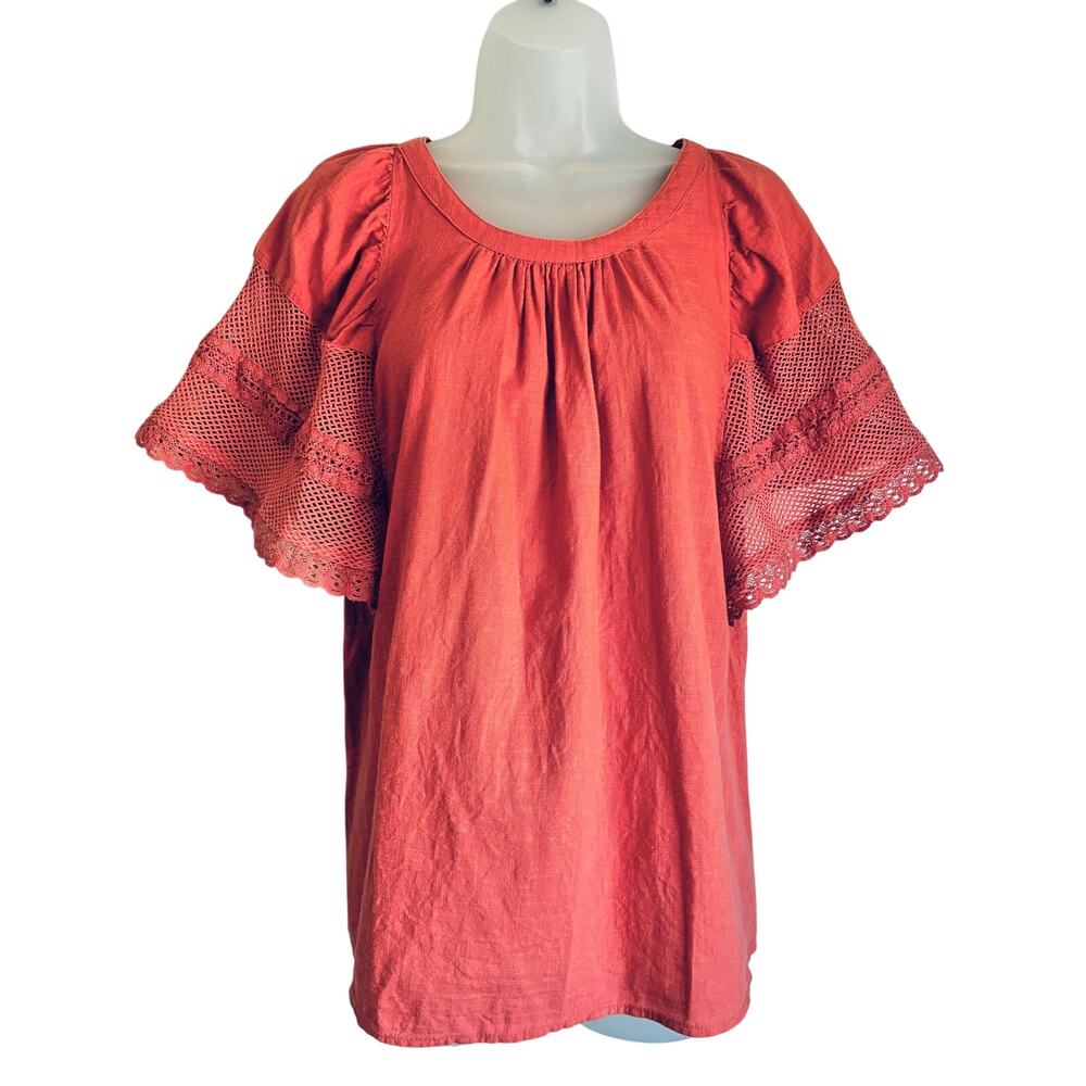 Old Navy Orange Cotton Crochet Lace Flutter Sleeve Peasant Blouse Boho Cottage